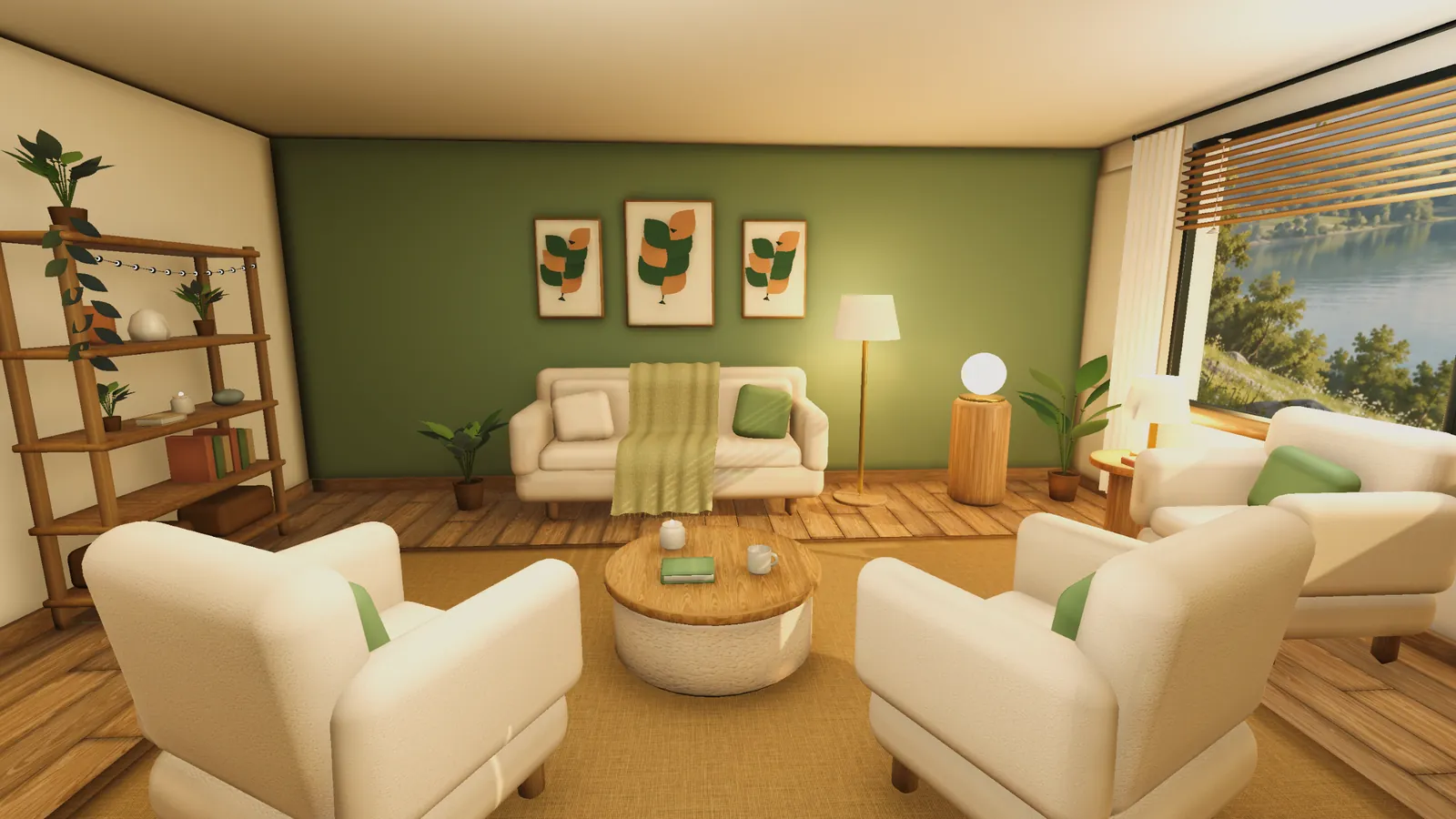 The MindSpace counseling room: cream armchairs around a round wooden table, a sofa against a sage-green wall with leaf art, and a wide window onto a lake.